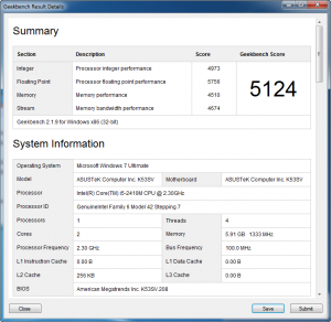 Asus K53SV GeekBench Intel